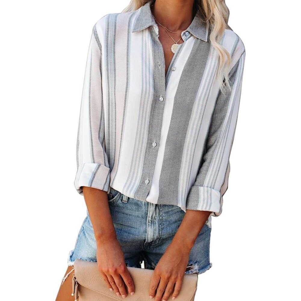 Women's Striped Linen Cotton Long Sleeve Button Down Blouse Casual Chic - Picture 1 of 4